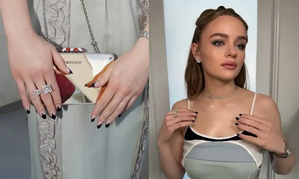 A stylish woman showcasing a chic handbag and elegant jewelry, with close-up details of her manicured nails and accessories.