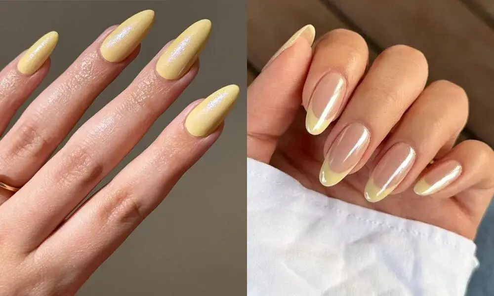 5 Chrome Nail Art Designs You Have to Try This Season 3 A close-up of two nail art styles featuring elongated yellow nails and a French tip design with a subtle yellow hue.