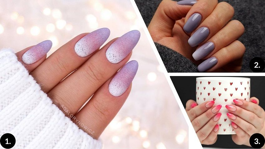 How to Master the Perfect Ombre Nail at Home 2 A stylish collage showcasing three nail designs, featuring ombre purple nails, sleek lavender polish, and colorful heart-themed fingertips.
