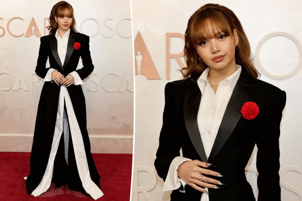 A stylish individual poses in a black and white formal outfit with a red flower accessory against a neutral backdrop.