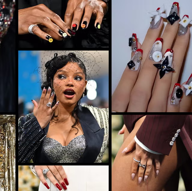 A collage featuring diverse and intricate nail art designs showcased by various individuals at high-profile events.