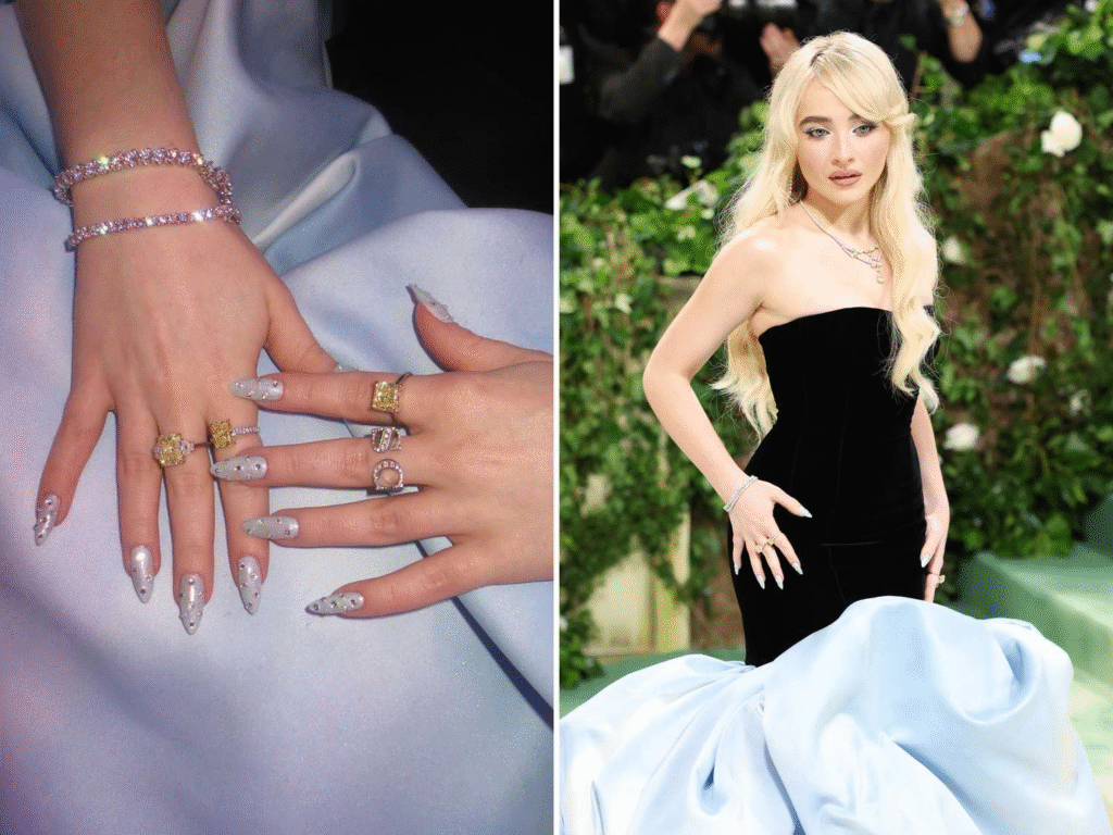 Close-up of decorated hands showcasing rings and stylish nails, alongside an image of a person in a black dress with blonde hair at a sophisticated event.